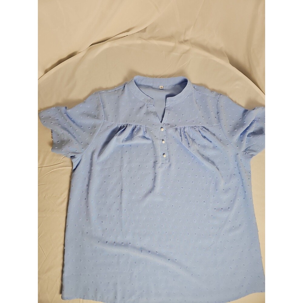 Women's Light Blue Swiss Dot Short Sleeve Henley Blouse Size XL